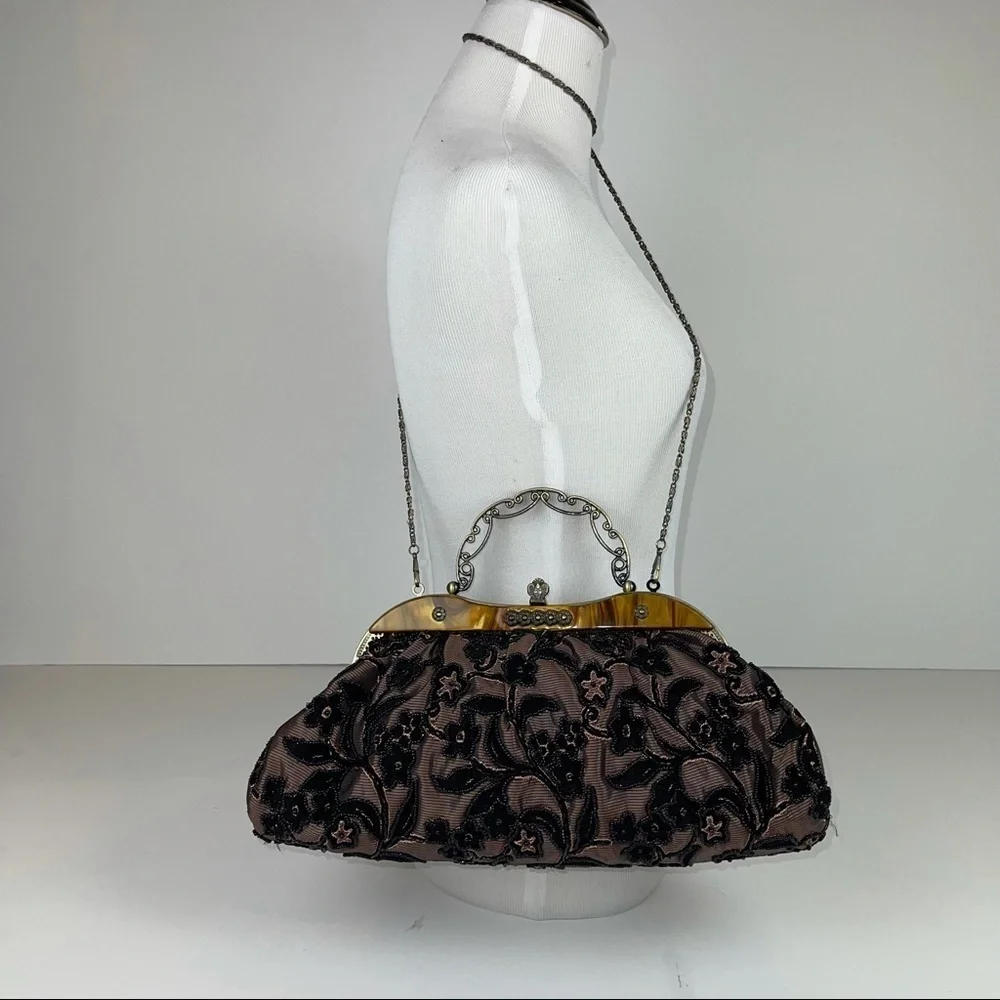 Vintage Inspired Black Gold Beaded Handbag Purse
